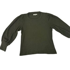 Madewell Olive Green Ribbed Knit Puff Sleeve Crewneck Top Womens Small S